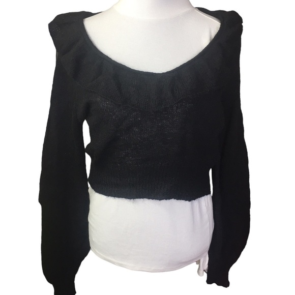 Dont Ask Why sweater mohair wool blend black knit ruffle neck O/S - Picture 1 of 3